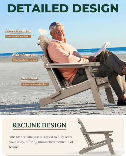 BRIOPAWS Folding-Adirondack-Chairs Set of 4 | HDPE | Wood Grain | Fire Pit Chair | Cup Holder | Weather Resistance | for Outdoor Backyard Deck Patio