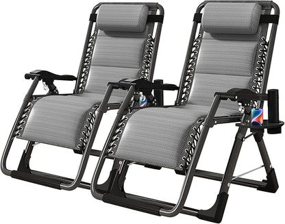 NAIZEA Padded Zero Gravity Chair, Cooling Fabric Folding Outdoor Lounge Chairs, Adjustable Reclining Camping Chairs with Cup Holder, Ergonomic Patio Lawn Chair for Balcony Beach Deck Yard