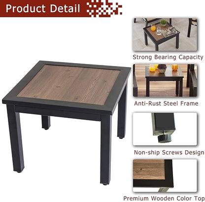 Festival Depot Metal Outdoor Square Patio Bistro Dining End Table with Wood-Like Aluminum-Plastic Top and Black Steel Legs (19"x19"x16")
