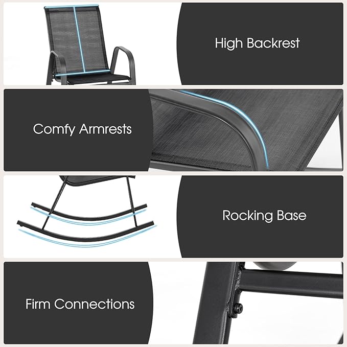 Giantex Outdoor Rocking Chairs Set of 2, Patio Rocking Chairs w/Breathable Seat & Back, Heavy-Duty Metal Support, Ergonomic Outside Rocker for Backyard, Poolside, Garden (1, Black)