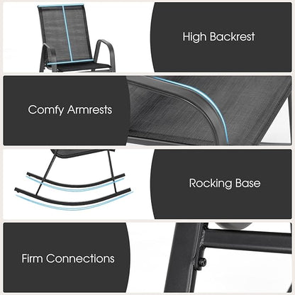 Giantex Outdoor Rocking Chairs Set of 2, Patio Rocking Chairs w/Breathable Seat & Back, Heavy-Duty Metal Support, Ergonomic Outside Rocker for Backyard, Poolside, Garden (1, Black)