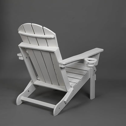 Folding Adirondack Chair with Dual Cup Holder, HDPE Composite Adirondack Chair with Wood Texture, Patio Chairs, Lawn Chairs, Outdoor Chair for Deck, Backyard, Garden (White)