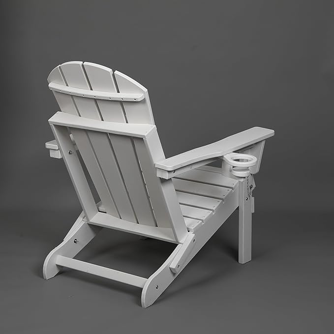 Outdoor Patio Folding Chair - White Composite Adirondack with Wood Grain and Dual Cup Holders