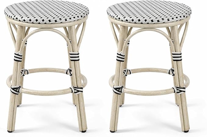 PURPLE LEAF Patio French Round Counter Stool Set of 2 Backless 26" Large Seat White Print Aluminum Frame Barstools with - Photo 1