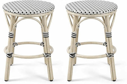 PURPLE LEAF Patio French Round Counter Stool Set of 2 Backless 26" Large Seat White Print Aluminum Frame Barstools with Handwoven Rattan Wicker for Outdoor Kitchen Cafe White and Black