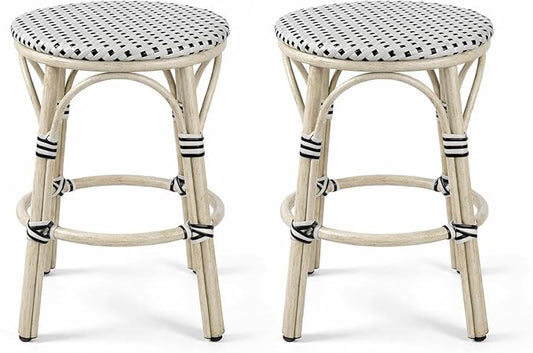 PURPLE LEAF Patio French Round Counter Stool Set of 2 Backless 26" Large Seat White Print Aluminum Frame Barstools with Handwoven Rattan Wicker for Outdoor Kitchen Cafe White and Black