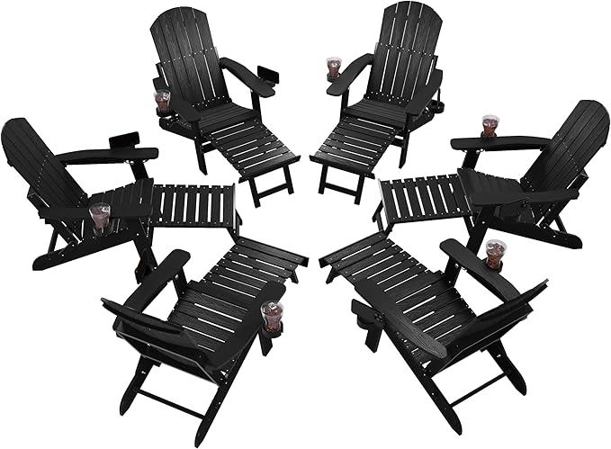 YEFU Adjustable Adirondack Chair with Retractable Ottoman Set of 6,Folding Adirondack Chair with 2 Cup-Holders, Outdoor Chairs with Footrest,Weather Resistant Fire Pit Chairs,for Patio Lawn(Black)