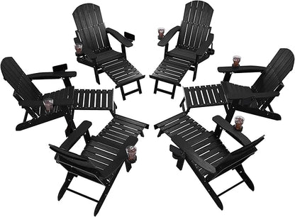 YEFU Adjustable Adirondack Chair with Retractable Ottoman Set of 6,Folding Adirondack Chair with 2 Cup-Holders, Outdoor Chairs with Footrest,Weather Resistant Fire Pit Chairs,for Patio Lawn(Black)