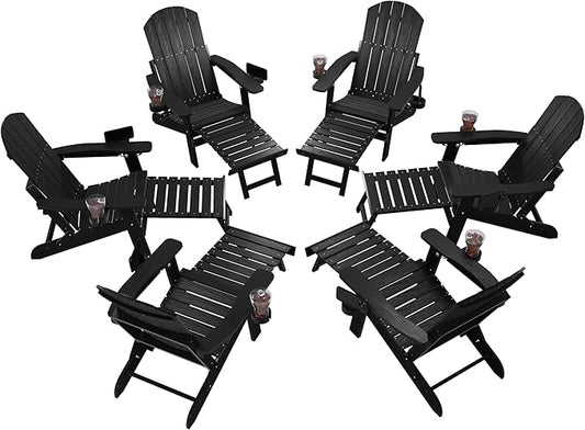YEFU Adjustable Adirondack Chair with Retractable Ottoman Set of 6,Folding Adirondack Chair with 2 Cup-Holders, Outdoor Chairs with Footrest,Weather Resistant Fire Pit Chairs,for Patio Lawn(Black)