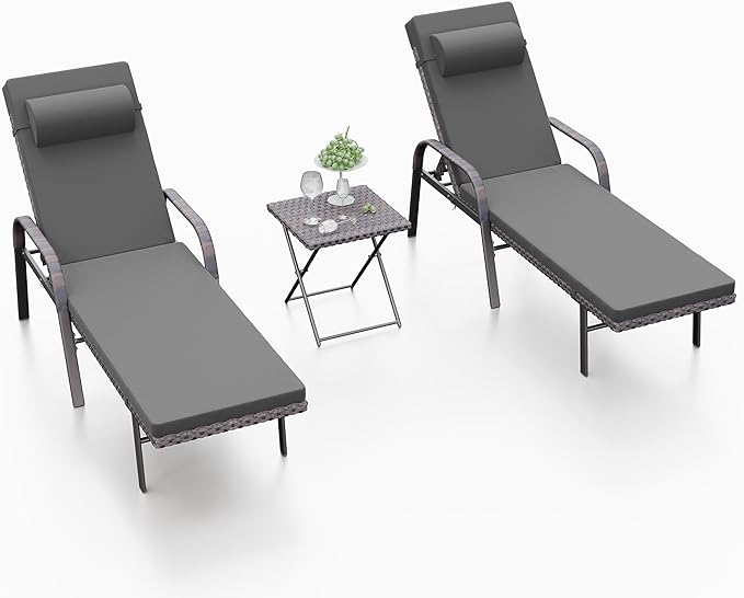 ALAULM 3 Pieces Outdoor Chaise Lounge Set Rattan Wicker Adjustable Pool Lounge Chair w/Folding Table,Patio Armrest Recliner for Beach, Poolside,Black