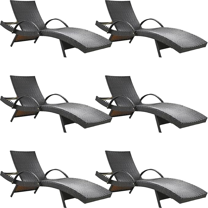 80.3” Outdoor Chaise Lounge, Brown Pool Lounge Chairs Set of 6, Wicker Recliner Chair with Pull-Out Side Table - Photo 1