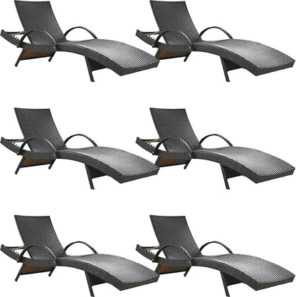80.3” Outdoor Chaise Lounge, Brown Pool Lounge Chairs Set of 6, Wicker Recliner Chair with Pull-Out Side Table, Adjust Back Patio Sunbathing Lounge Chairs for Outside, Garden, Deck, Backyard