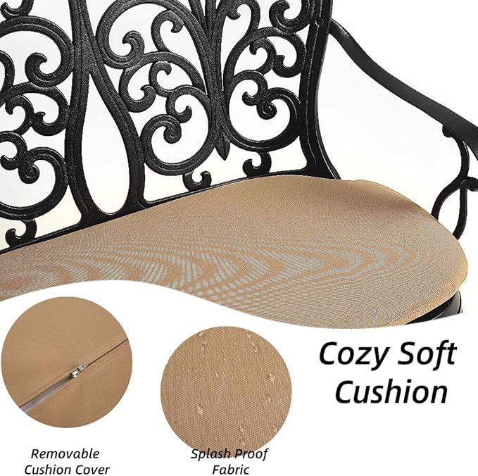 Patio Aluminum Outdoor Bench with Soft Cushion, Garden Metal Loveseat Furniture, Vintage Carving Antique Black Front Porch Chair Seat