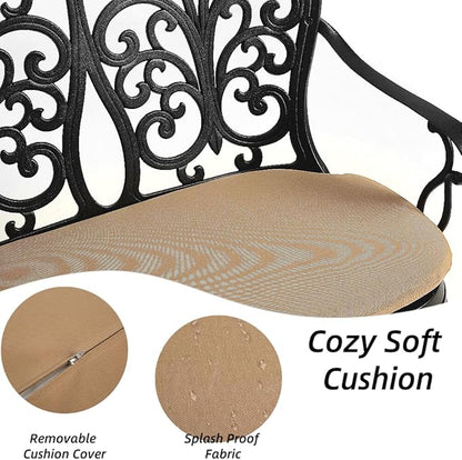Patio Aluminum Outdoor Bench with Soft Cushion, Garden Metal Loveseat Furniture, Vintage Carving Antique Black Front Porch Chair Seat