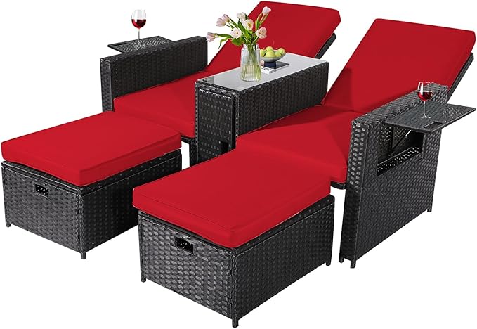5PCS Outdoor Wicker Chaise Lounge Chair - Rattan Adjustable Reclining Patio Lounge Chair with Ottoman and Coffee Table - Photo 1
