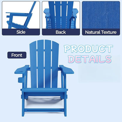 Adirondack Plastic Outdoor Patio Chair with Cup Holder Without Screws Install， Higher Back Weather Resistant Composite Adirondack Chairs for Backyard Lawn Beach Set of 2 Klein Blue