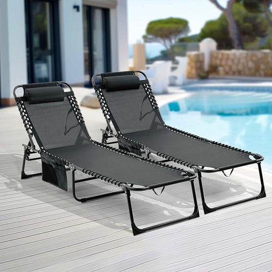 Folding Chaise Lounge Chair Set of 2, Patio Sun Tanning Chair with 4-Position Reclining Back, Breathable Mesh Outdoor Lounge Chair for Pool Beach, Adjustable Footrest, Portable, Black