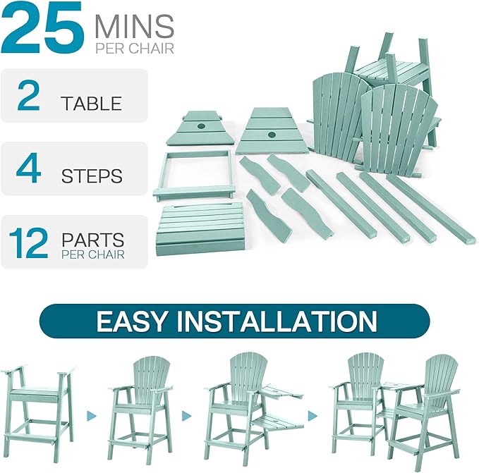 Tall Adirondack Chairs Set of 2, HDPE Balcony Chair with Double Connecting Tray, Weather Resistant Outdoor Adirondack Bar Stools for Patio, Deck, Patio, Backyard, Balcony.(Lake Blue)