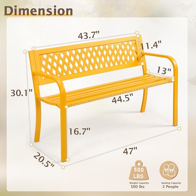Outdoor Garden Bench, 47'' Outdoor Bench, Weather Resistant Garden Patio Bench Powder Coated Iron Frame w/PVC Mesh Backrest Slatted Seat, 2-Person Outdoor Furniture for Front Porch Entryway(Yellow)
