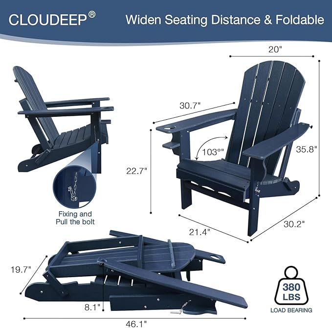 Folding Adirondack Chairs Set of 2, HDPE Plastic Adirondack Chair with Cup Holder Weather Resistant, Wood Texture Outdoor Fire Pit Chairs for Patio Garden,Poolside and Deck, Umbrella Hole, Dark Blue
