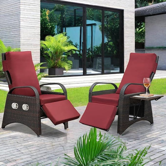 ATR ART TO REAL Outdoor Recliner Chairs, PE Wicker Reclining Lounge Chair with Removable Soft Cushion, Adjustable Outside Recliners for Patio, Porch, Poolside, Balcony, Lawn (Red, 2 PCS)