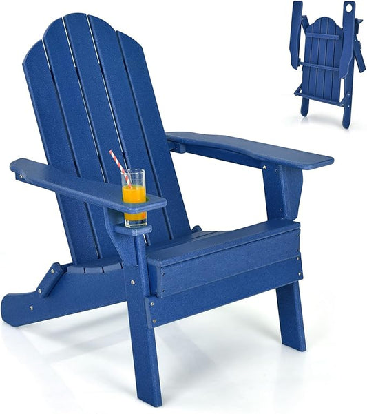 Giantex Adirondack Chair, Outdoor Folding Chairs, HDPE Weather Resistant Patio Chair with Built-in Cup Holder, Lawn Chair for Yard, Balcony, Deck, Outside, Campfire, Plastic Fire Pit Chair (1, Navy)