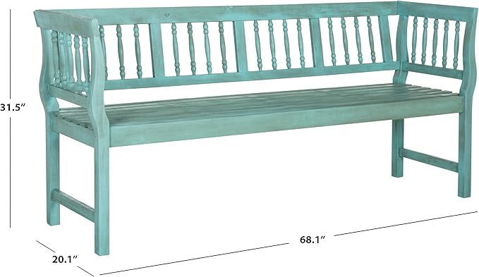 SAFAVIEH Outdoor Patio Furniture Collection – Brentwood Blue & Beige Distressed Acacia Wood Bench with Silver Accents, Classic Outdoor Seating for Porch or Garden (PAT6732D)