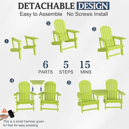 Vongrasig Adirondack Chairs Set of 2 with Removable Tabletop, All-Weather HDPE Outdoor Chair Set with Wooden Textured, Cup Holder for Patio, Poolside, Deck, Garden, Green