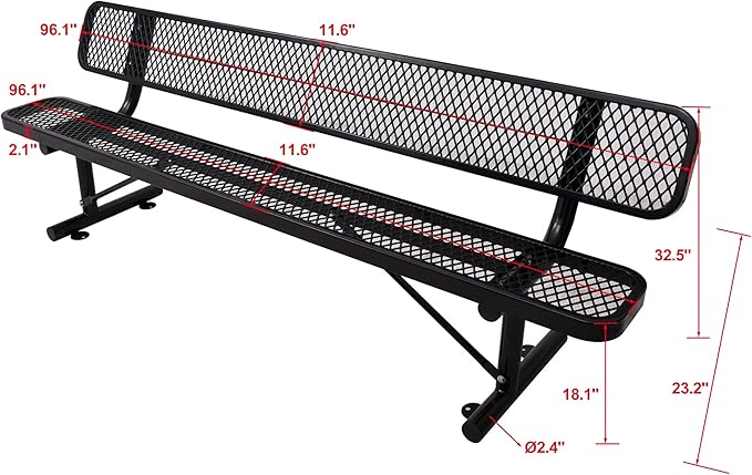 Heavy Duty Metal Park Bench for Outside, Outdoor Garden Benches with Backrest & Portable Frame, Expanded Metal Mesh Bench for Shopping Malls, Lawn, Park, Deck, Patio, Porch (Black, 8FT/96INCH)