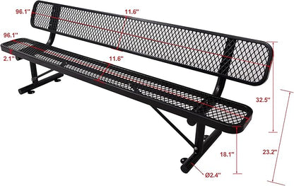 Heavy Duty Metal Park Bench for Outside, Outdoor Garden Benches with Backrest & Portable Frame, Expanded Metal Mesh Bench for Shopping Malls, Lawn, Park, Deck, Patio, Porch (Black, 8FT/96INCH)