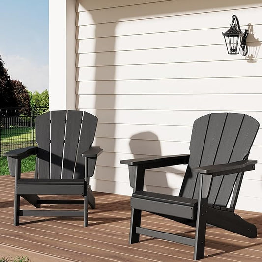 IDEALHOUSE Adirondack Chairs Set of 2, Fixed Non-Folding Design, HDPE Outdoor Chair, 380 LBS Weight Capacity, Wood Grain Texture Patio Lawn Garden Backyard Deck Poolside Furniture, Black
