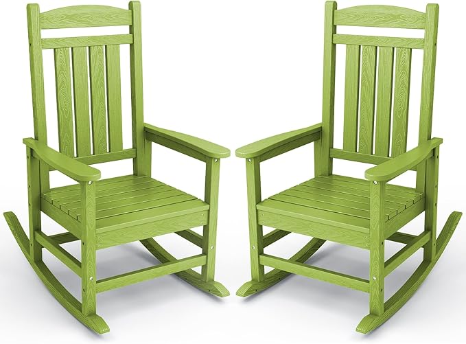 KINGYES Outdoor Rocking Chair Set of 2, HDPE Patio Rocking Chairs with 330lbs Support for Adults, Pistachio Green