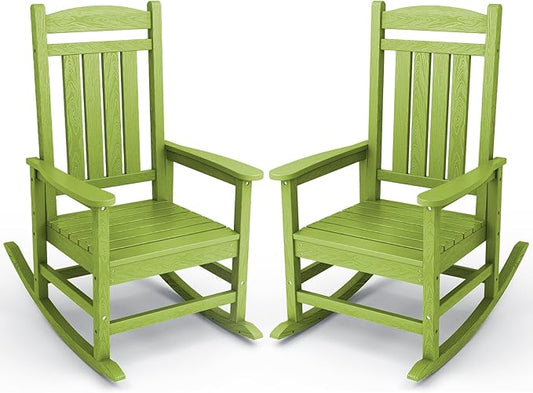 KINGYES Outdoor Rocking Chair Set of 2, HDPE Patio Rocking Chairs with 330lbs Support for Adults, Pistachio Green