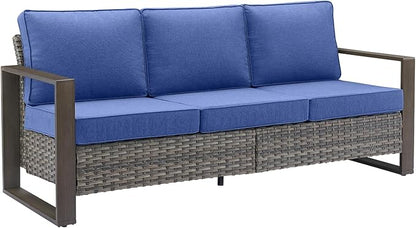Rilyson Outdoor Couch Wicker Patio Sofa, Rattan Patio Furniture Sofa with Sturdy Frame,All-Weather PE Wicker,Wide Armrest,Deep Seating and Thick Cushions for Deck Porch Garden(Mixed Grey/Blue)