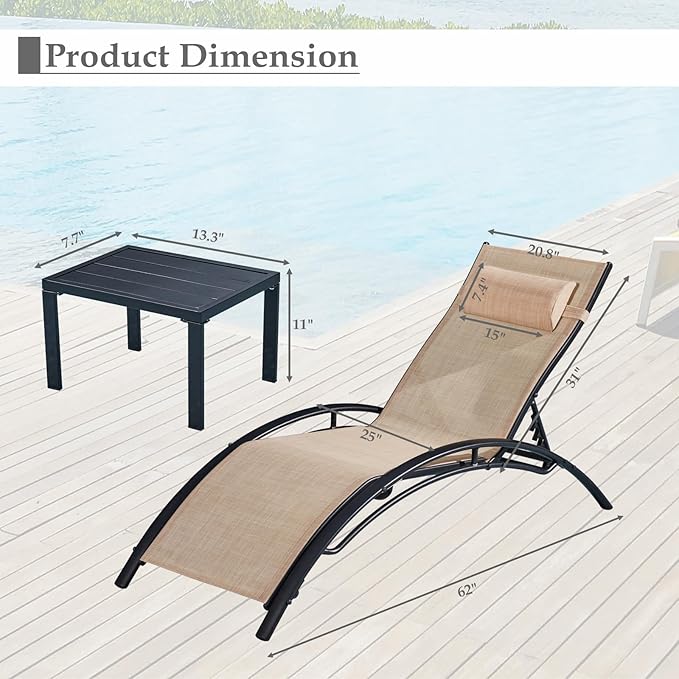 Patio Chaise Lounge Set of 3, Pool Lounge Chairs with Pillow - Photo 2