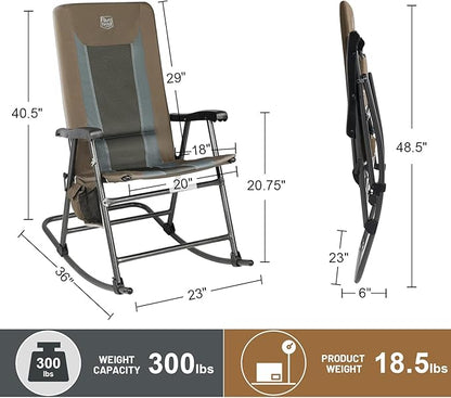 TIMBER RIDGE Outdoor Folding Rocking Chair, 29" Padded High Back Neck & Back Support, Hard Armrests for Easy Stand Up, Stable Steel Frame Supports 300 lb, Quick Fold for Patio, Lawn & RV Camping,Brown