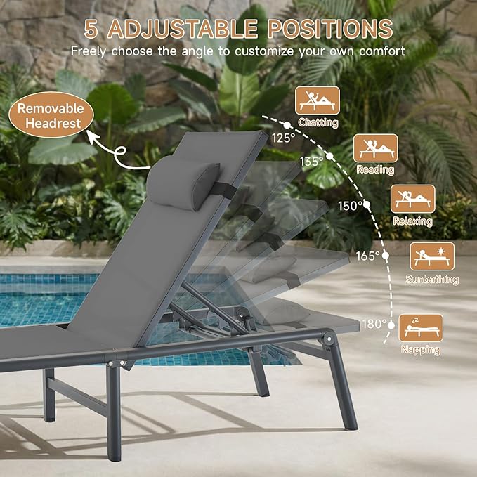 ONBRILL 2 PCS Chaise Lounge Chair Outdoor, Foldable & Assembly Free Outdoor Lounge Chair with 5 Position Adjustable Backrest, Aluminum Pool Lounge Chairs for Outside Poolside Patio Beach Lawn, Grey