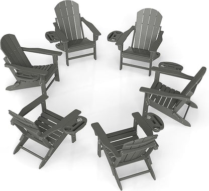 FOOWIN Folding Adirondack Chair Set of 6, HDPE Adirondack Chairs with Cup Holder, Weather Resistant Plastic Fire Pit Chairs for Outdoor, Patio, Lawn, Garden, Backyard, Deck, Grey