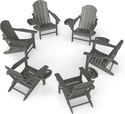 FOOWIN Folding Adirondack Chair Set of 6, HDPE Adirondack Chairs with Cup Holder, Weather Resistant Plastic Fire Pit Chairs for Outdoor, Patio, Lawn, Garden, Backyard, Deck, Grey