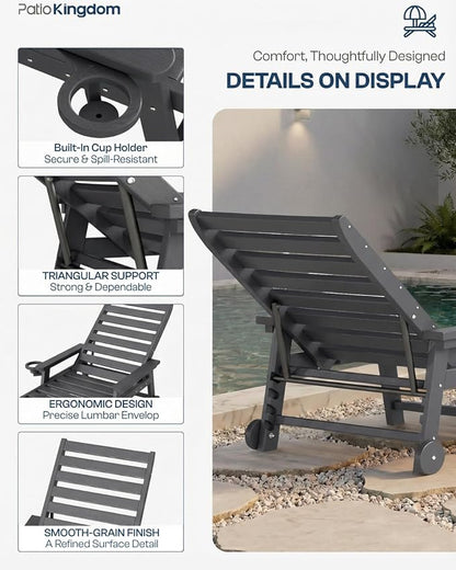 5-Position Adjustable Lounge Chair Outdoor Set of 2, HDPE Outdoor Chaise Lounge with Cup Holder & Wheels, Pool Lounge Chairs for Poolside, Beach, Deck, Grey