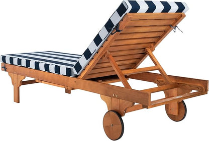 SAFAVIEH Outdoor Collection Newport Natural/ Navy & White Stripe Cushion Built-in Side Table Adjustable Chaise Lounge Chair