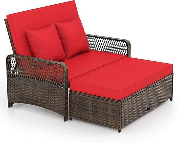 Tangkula Patio Adjustable Wicker Daybed, Rattan Loveseat & Storage Ottoman w/ 4-Level Backrest & Soft Cushions - Photo 1