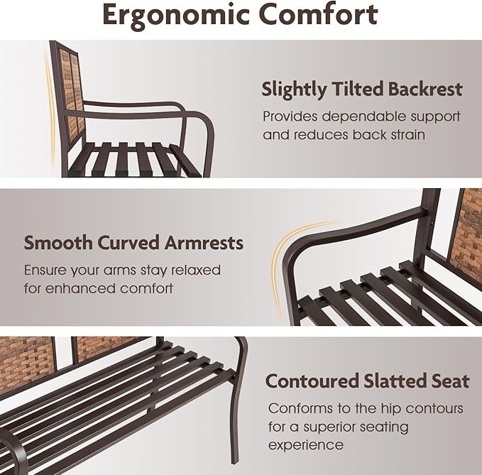 Giantex Outdoor Bench with PE Rattan Backrest, Curved Armrests, Slatted Seat for 2-3 Persons - Photo 4
