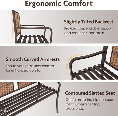 Giantex Outdoor Bench with PE Rattan Backrest, Curved Armrests, Slatted Seat for 2-3 Persons, Heavy-Duty Outdoor Seating Furniture, Garden Bench for Patio, Backyard, Poolside, Porch, Park, Brown
