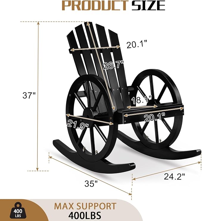 Outvita Adirondack Rocking Chair, Wood Wagon Rocker, Outdoor Wooden Carbonized Lounge Chairs with Wheel Armrest for Garden Patio Country Yard Porch(Black)