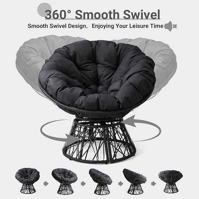 VINGLI Outdoor Papasan Chairs with Thick Cushions 360 Degree Swivel Chair, Patio Chairs Lounge Chair Rading Chair for Balcony, Yard, Porch (Black)