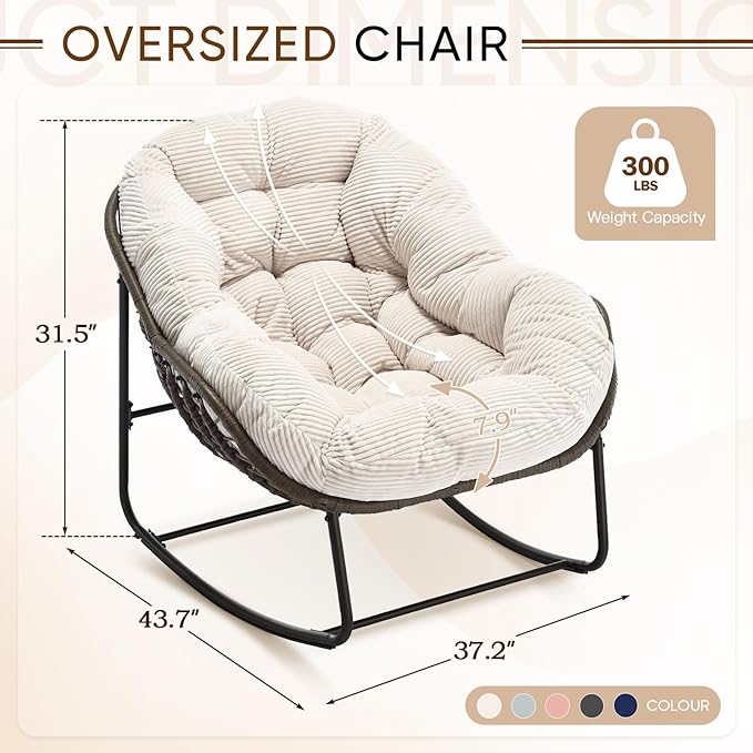 Large Indoor Rocking Chair, Oversized Rocking Papasan Chair with Thick Cushion and Frame,Comfy Corduroy Rocker Wicker Egg Chairs Lounge Reading Chair for Living Room, Bedroom, Apartment, White