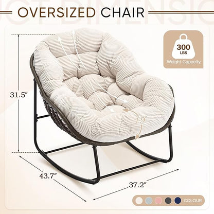 Large Indoor Rocking Chair, Oversized Rocking Papasan Chair with Thick Cushion and Frame,Comfy Corduroy Rocker Wicker Egg Chairs Lounge Reading Chair for Living Room, Bedroom, Apartment, White