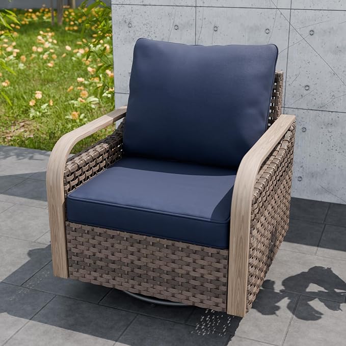 Modern Wicker Outdoor Swivel Rocking Chair, Rattan Glider Rocker Chair Patio Armchair for Backyard, Deck, Porch, Garden, 1 Piece, Brown/Blue