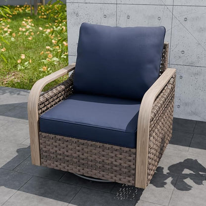 Modern Wicker Outdoor Swivel Rocking Chair, Rattan Glider Rocker Chair Patio Armchair for Backyard, Deck, Porch, Garden, 1 Piece, Brown/Blue